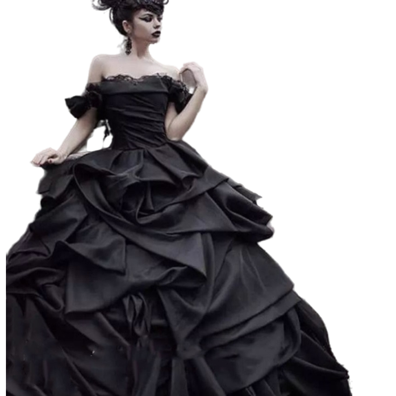 Vintage Gothic Black Ball Gown Wedding Dresses Ruched Tiered Skirt Floor Length Western Country Bridal Gowns 2022 Off The Shoulder Lace-Up Corset Brid