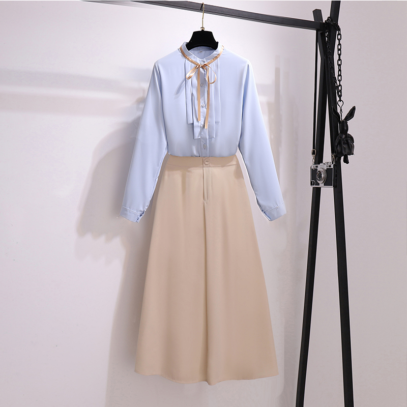 Fairy Skirt Suit Chiffon Blouse Top Long Shirt With Long Sleeves Autumn Coat Of Long Skirts Suits Women Office Otufit Set Cloth 210515