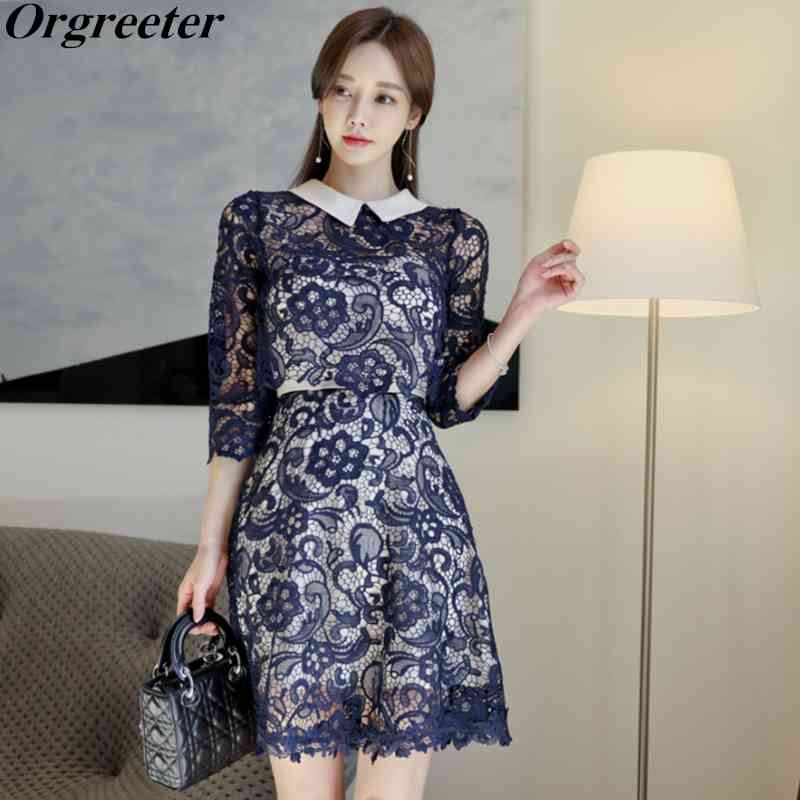 Two piece Lace Sets Korean Temperament Slim Three-quarter sleeve Shirt Tops + Sexy Stitching Suspender Dresses Suit 210525, Navy blue
Two piece Lace Sets Korean Temperament Slim Three-quarter sleeve Shirt Tops + Sexy Stitching Suspender Dresses Suit 210525, Navy blue