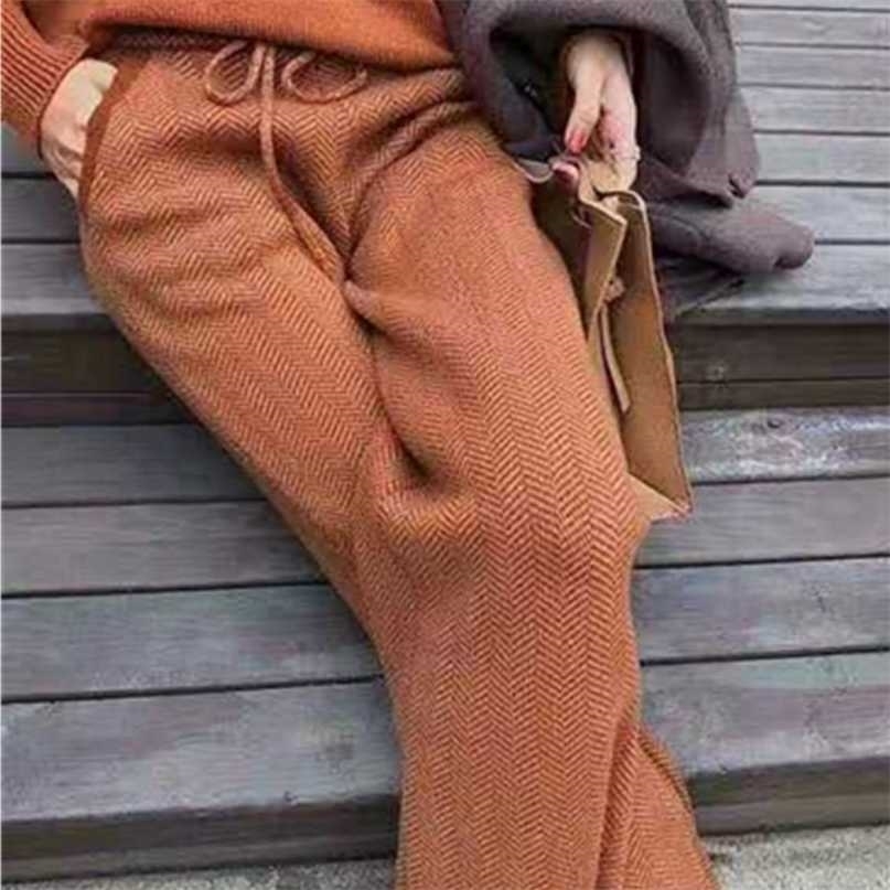 Autumn Winter Fashion Pants Women Soft Waxy Comfortable Cashmere Camel Female Pure Knitted Wide Leg Casual Loose 211115