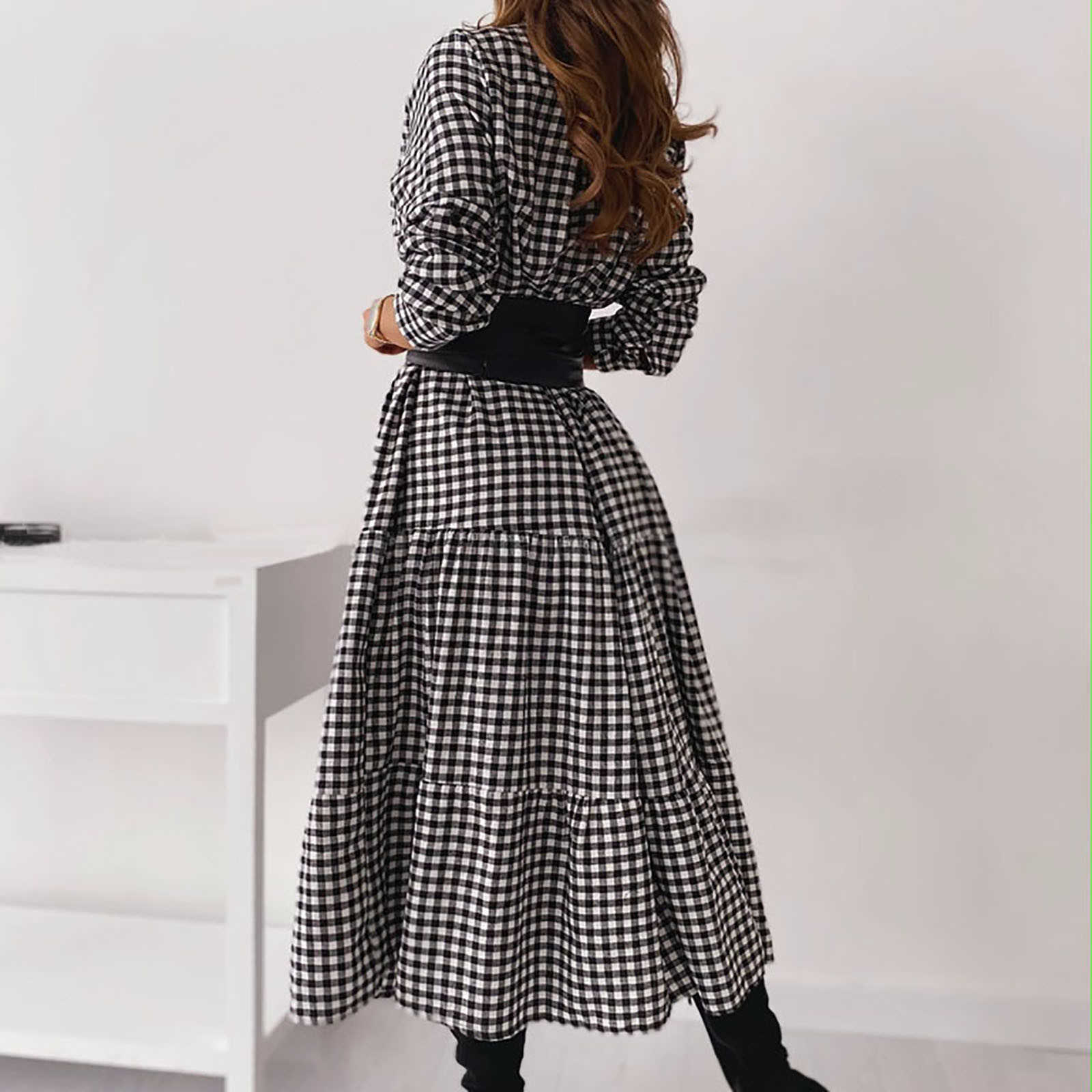 Women's Casual Sundress Spring Lapel Shirt Dress Long Sleeve Mid-Claf Vestidos Female Button Robe Belted Plaid Turn-down Collar 210630