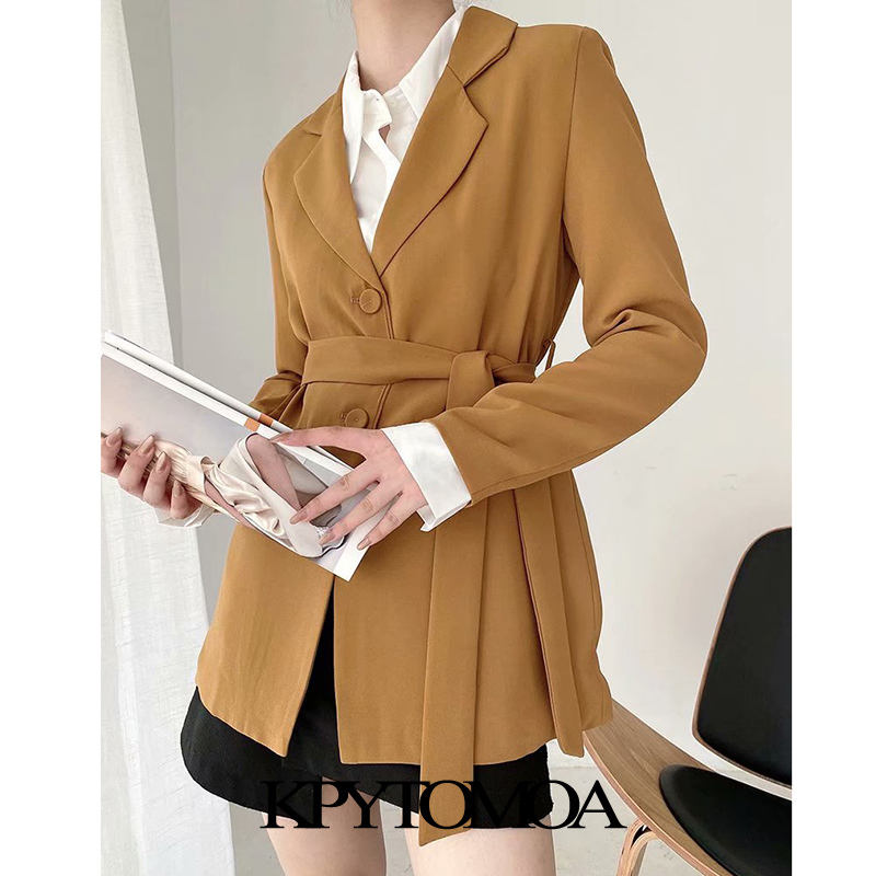 Women Fashion With Belt Single Breasted Blazer Coat Long Sleeve Pockets Female Outerwear Chic Tops 210420