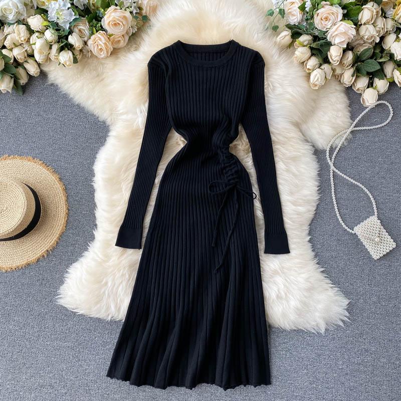 Auutmn Winter Kneet Dress Women Slim Long Sleeve A Line Sweater Dresses Ladies Elegant Knit Robe Vestidos Mujer Casual