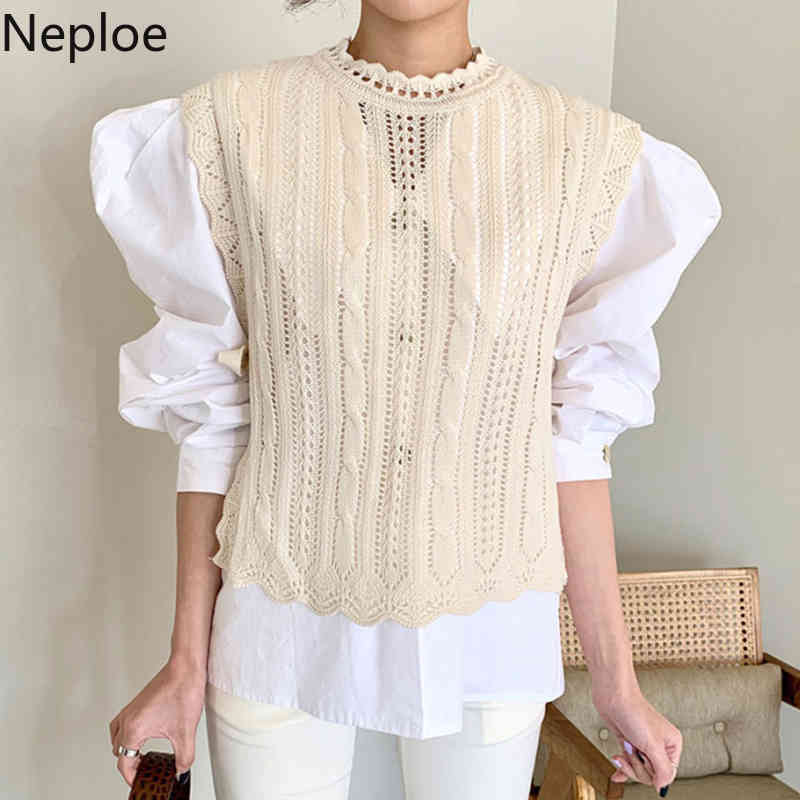 Neploe Chic Vintage Patchwork Pullovers Stand Neck Hollow Out Sweaters Women Sweet Puff Sleeve Jumper Lace Up Vest Female Tops 210422