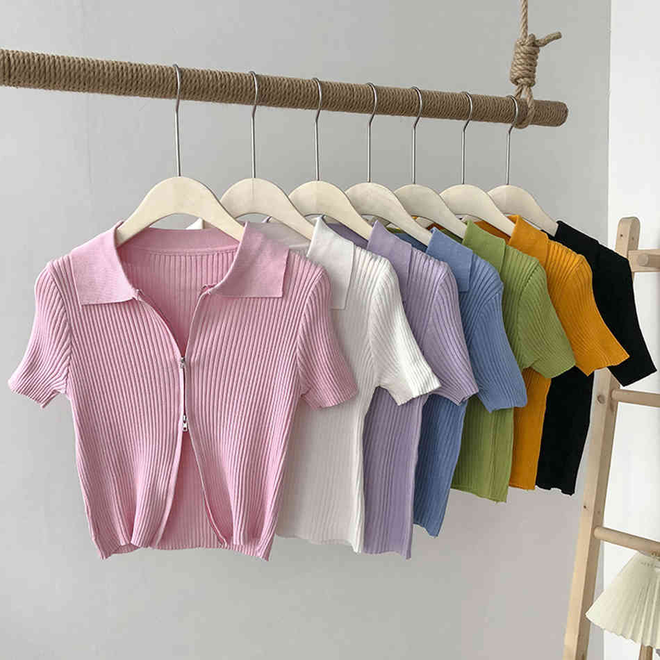 Free Women's Summer Knitted Top Rib Double-Zipper Solid Color Knit Sweater All-match Thin Skinny Outer Trendy 210524
