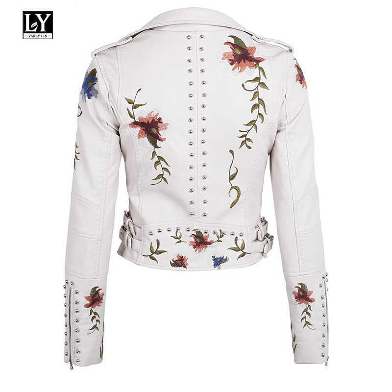 LY VAREY LIN Faux Soft Leather Jacket Women Embroidery Floral Pu Motorcycle Epaulet Zipper Punk Outerwear 210526