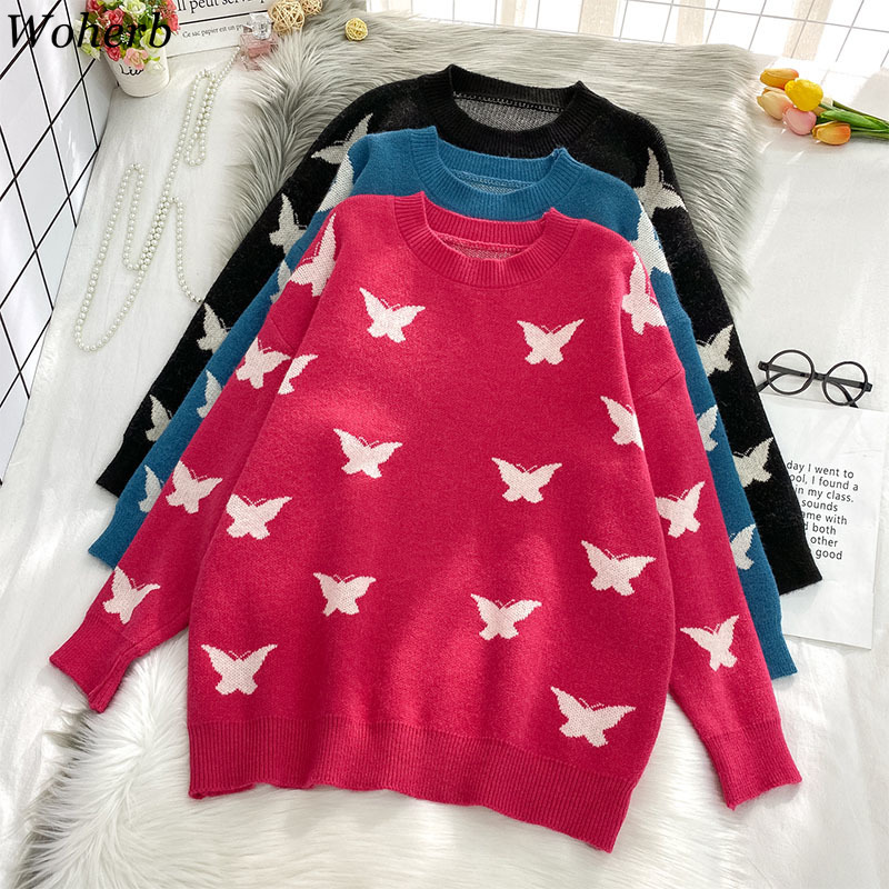 Basic Loose Sweater Harajuku Butterfly Jumpers Women Autumn Winter Soft Warm Long Sleeve Female Knitted Pullovers 210422