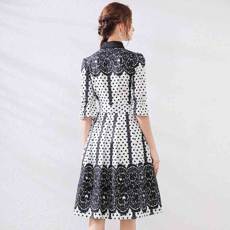 spring summer dresses for women polka dot printed turn down collar A-line high waist knee length 210421