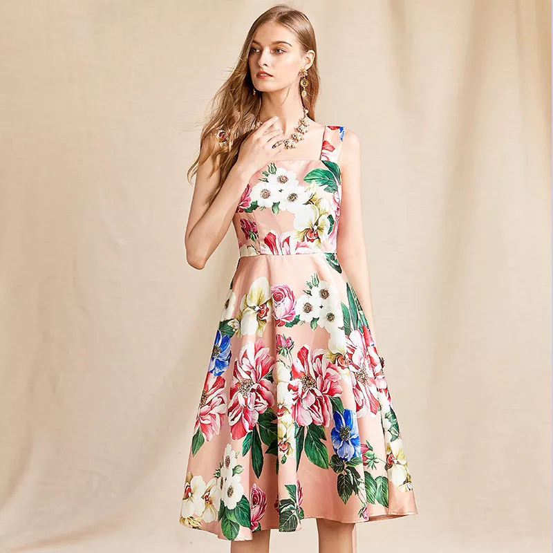summer midi dress A-line spaghetti strap camisole pink flower dresses for women high waist party casual robe de mujer 2xl 210421