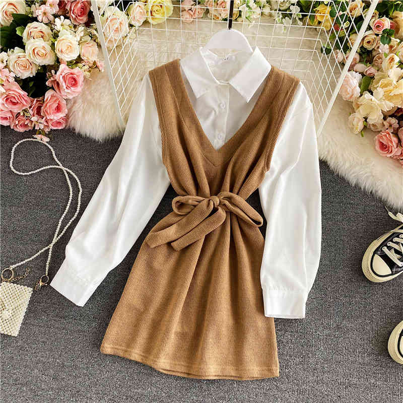 Nomikuma Spring Korean Women Blouse 2pieces Sets Long Sleeve Blusas Shirt + Bow Bandage Slim Waist Vest Elegant Suits 6D876 210427