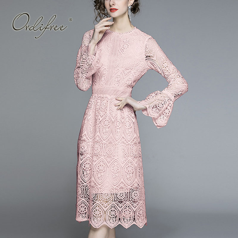 Summer Women White Lace Midi Embroidery Crochet Hollow Out See Through Long Sleeve Tunic Elegant Party Dress 210415 C260312