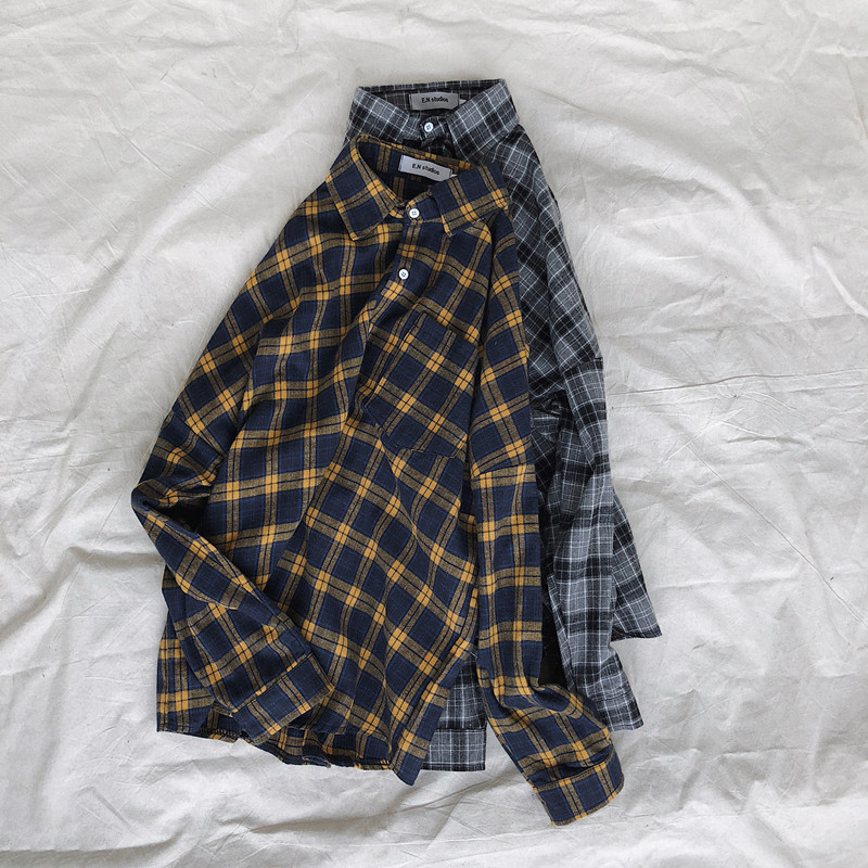Stylish Men's Plaid Long Sleeve Slim Shirt Casual Black/Yellow French Cuff