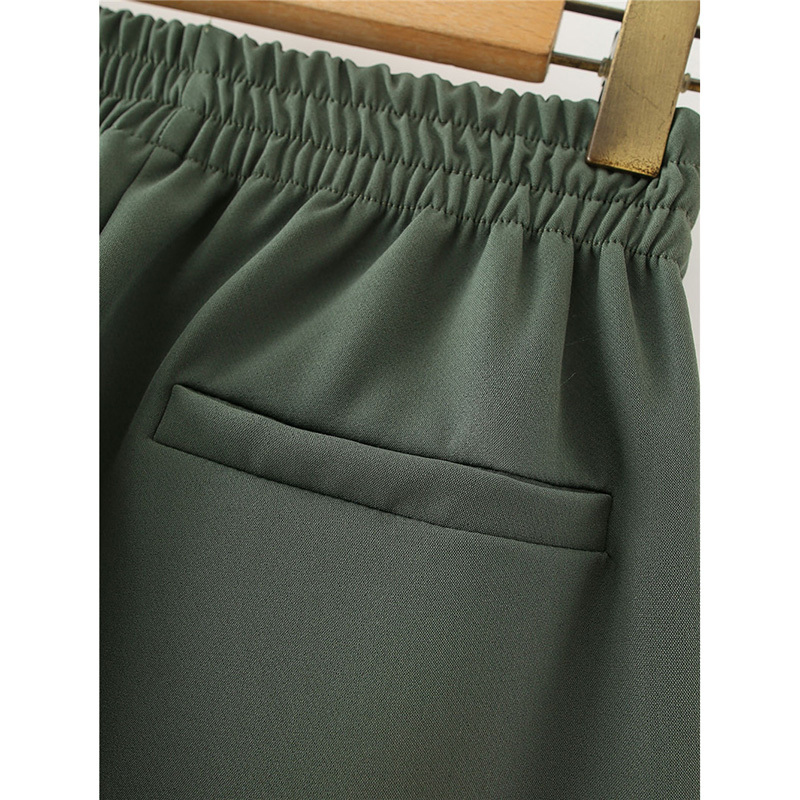 Women Casual Solid Suit Autumn Ankle-Length Pants Elastic High Waist Green Long Straight Office Lady 210421