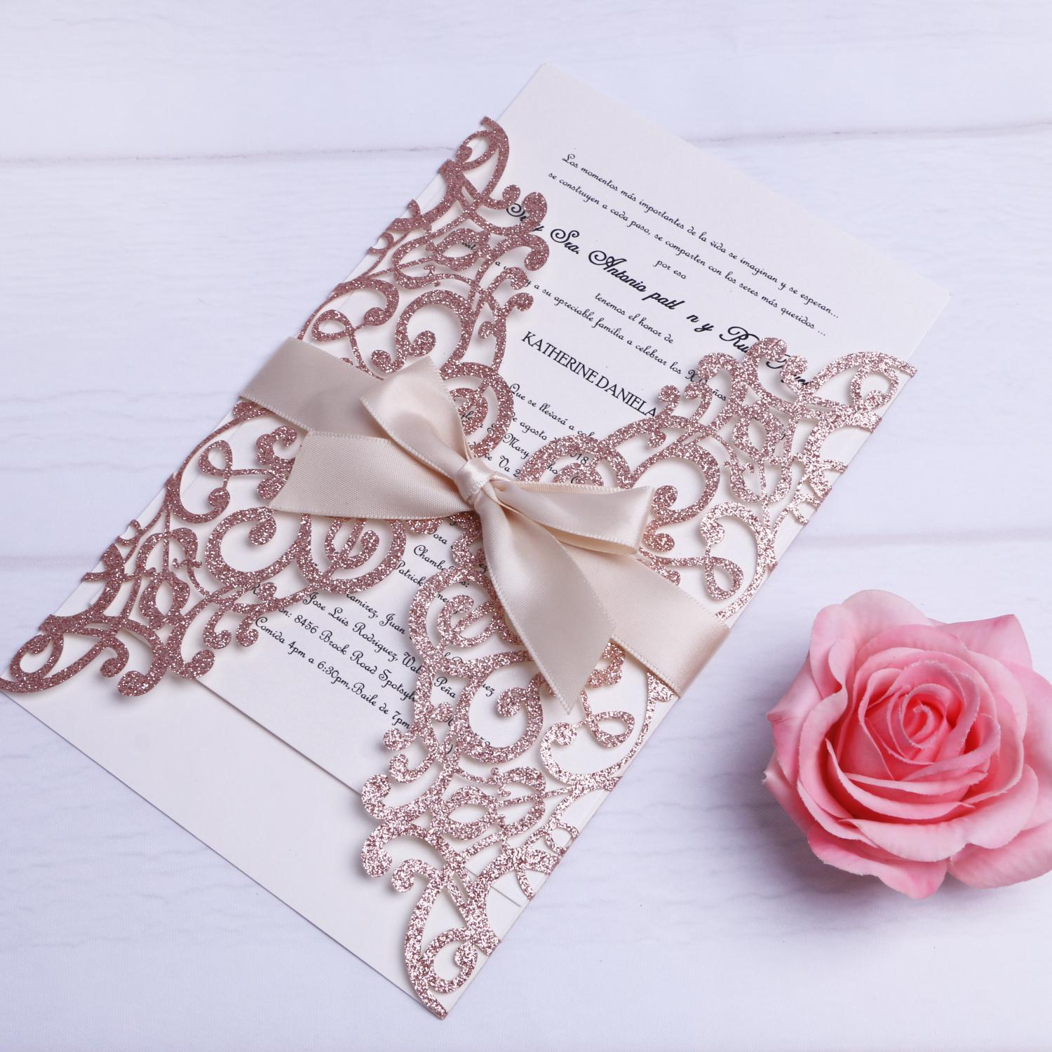 2021 New Rose Gold Glitter Laser Cut Invitations Cards With Beige Ribbons For Wedding Bridal Shower Engagement Birthday Graduation