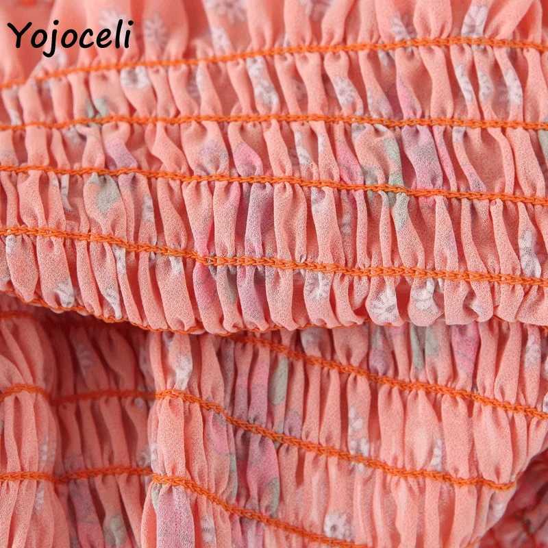 Yojoceli floral print smocked dres bodycon slim puff sleeve party streetwear day female vestidos 210609