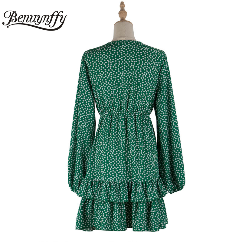 Deep V Neck Bow Layered Ruffle Dresses Women Spring Summer Print Long Sleeve Holiday Casual High Waist Mini Dress 210510