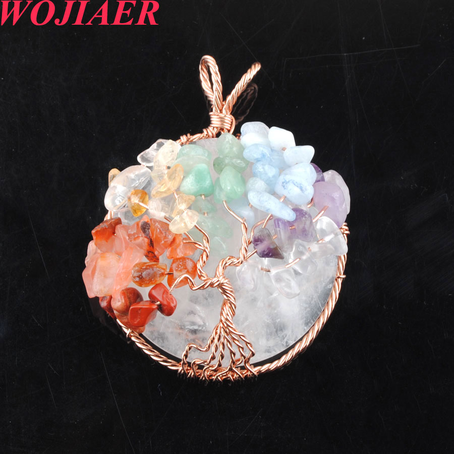 WOJIAER Natural Cabochon Stone White Crystal Tree of Life Pendant Rose Gold Wire Wrap 7 Chakra Chip Bead Women Necklace O9019