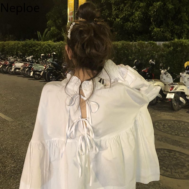 Neploe Sweet Stand Neck Shirts Women Spring Korean Blouse Lace-up Lantern Sleeve Plus Size Loose Blouses Fashion Tops Female 210422