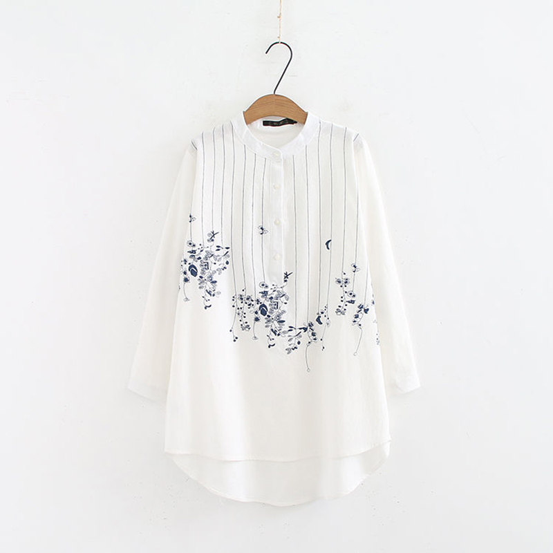 Spring Autumn Arts Style Women Long Sleeve Loose Shirts 100% Cotton Female Stand Collar Embroidery Vintage White Blouse D446 210512