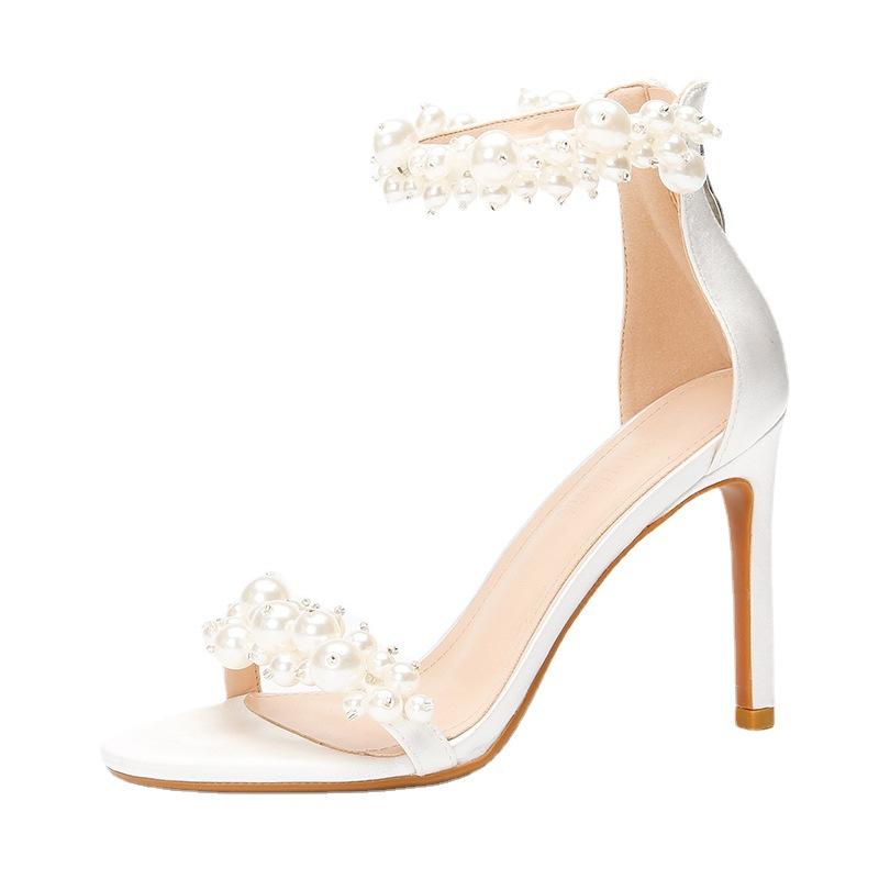 Dress Shoes Women's Pearl Strap Sandals 2021 Summer Back Zipper Round Toe All-Matching Stiletto Heel High Heels
