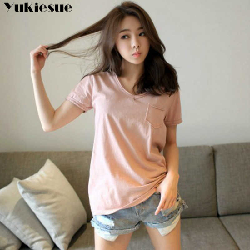 Plus Size xxl summer T Shirt Women 100% Cotton V Neck Short Sleeve T-Shirt Tops Casual Tshirt female tee shirt femme tops 210608