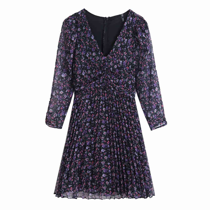 Elegant Women Floral Print Dresses Fashion Ladies Chiffon Pleated Mini Dress Streetwear Female Chic V-Neck Draped Vestidos 210430