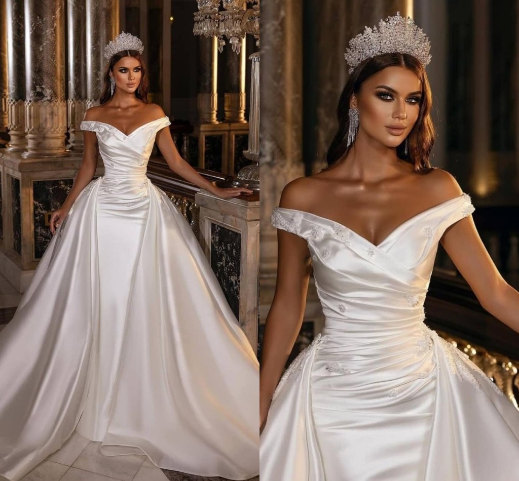 Dubai Saudi Arabia Mermaid Wedding Gowns With Detachable Train 2022 Simple Satin Off The Shoulder Beaded Pleats Bridal Gowns Plus Size Vestidos De Novia AL9673, Ivory
Dubai Saudi Arabia Mermaid Wedding Gowns With Detachable Train 2022 Simple Satin Off The Shoulder Beaded Pleats Bridal Gowns Plus Size Vestidos De Novia AL9673, Ivory