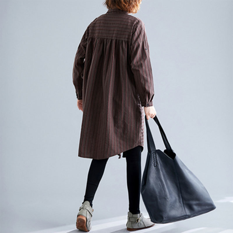 Spring Arts Style Women Turn-down Collar Loose Casual Long Blouses Double Pocket Cotton Striped Shirts Femme Tops S34 210512