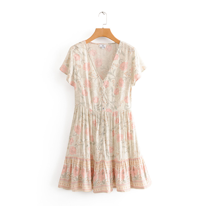 beauty Boho Floral Print Cotton Midi Dress Women Holiday Vintage V-neck Single Breasted Beach Dresses Female 210514