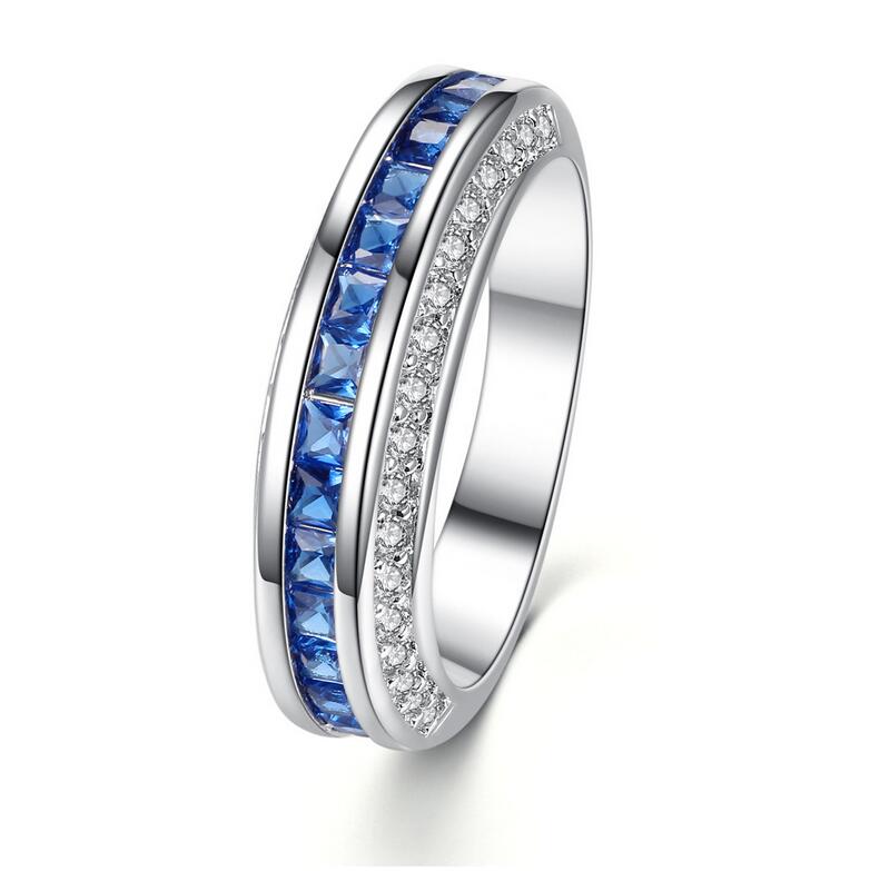 4 Style Women's Fashion Jewelry Wedding Ring 10KT White Gold Fill Princess Cut Blue Sapphire CZ Diamond Gemstones Party Promise Female Engagement