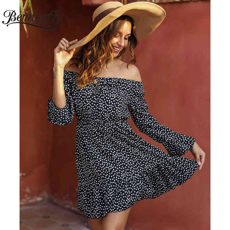 Sexy Off the Shoulder Ruffle Hem Dresses Women Spring Summer Holiday Beach Female Print Long Sleeve Tunic Mini Dress 210510