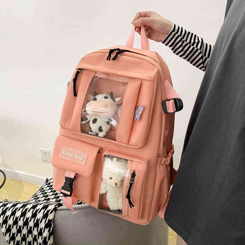 5-piece Fashion Women's Backpack Pure Color Cute Cartoon Student School Bag Canvas Large Capacity Lightweight Travel Backpacks 220209