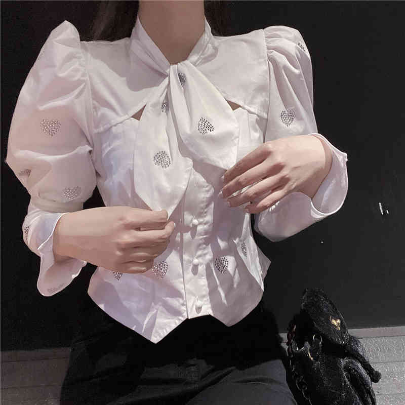 Nomikuma Women Blouse Autumn Winter Diamonds Tie Top Shirts Korean Causal Puff Sleeve Short Tops Femme Blusas Mujer 6D698 210427