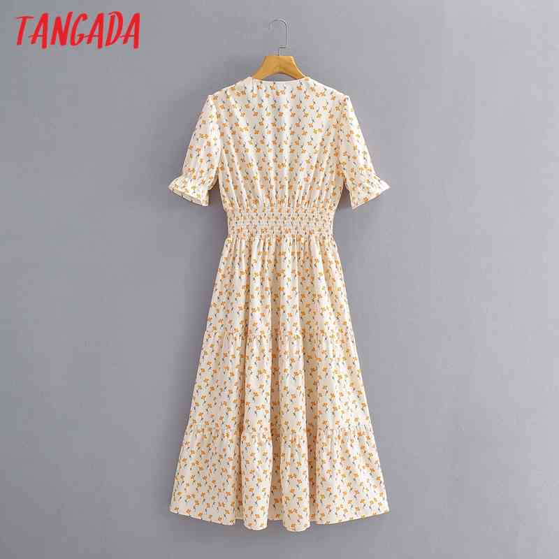 Summer Women Yellow Floral Print French Style Short Sleeve Ladies Midi Dress Vestidos 1F125 210416