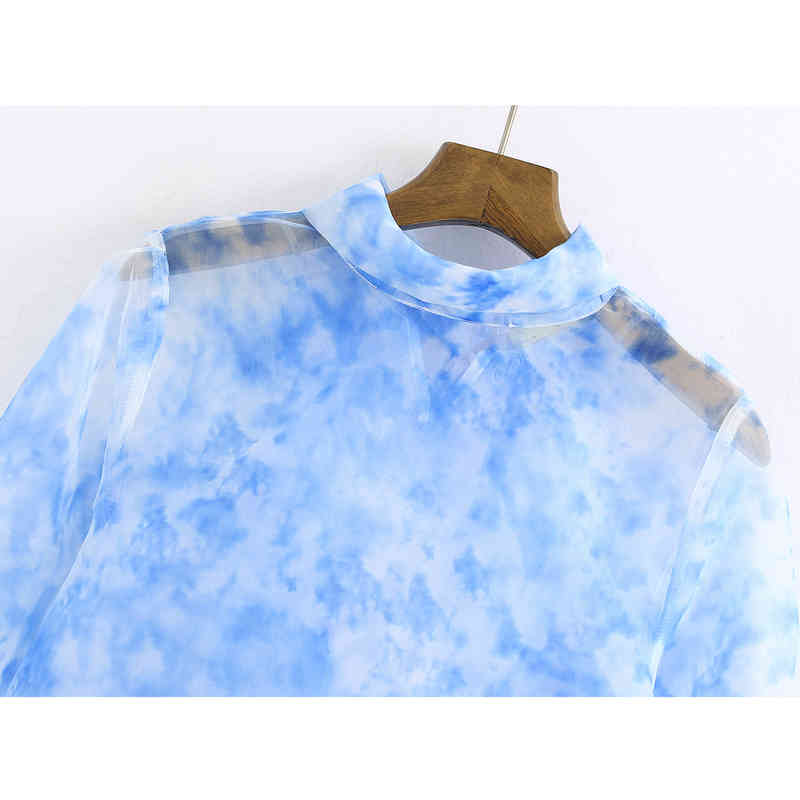 Transparent Voile Printed Bow Tie Blouses Women Fashion Print Tops Elegant Ladies Long Sleeve Shirts 210520