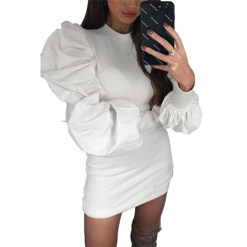 Women Lady Elegant Long Puff Sleeve Pencil Dresses Sexy Patchwork Slim Club Party Bandage Bodycon Mini Dress Outfit Female 2021 Casual