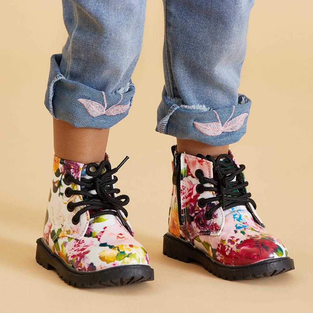 Pretty Floral Lace-up Zipper Martin Boots for Toddler Girl 210528
