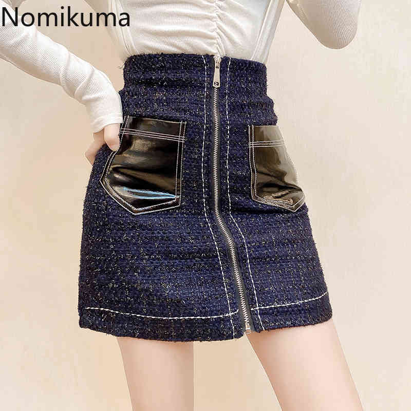 Nomikuma High Waist Woolen Mini Skirts Spring New Zipper Slim Sexy Women Skirt Causal Pockets Patchwork Faldas Mujer 6E476 210427