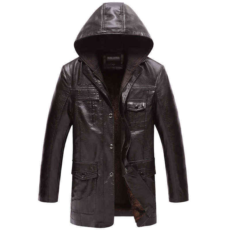 Idopy Winter Warm Men`s Long Faux Leather Jacket With Detachable Hood Fleece PU Faux Leather Trench Coat Jacket Hoodie 211111
