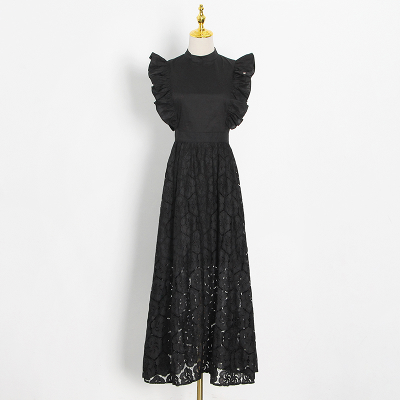 VGH Party Dress For Women Stand Collar Butterfly Short Sleeve High Waist Hollow Out Elegant Solid Dresses Female Autumn New 210421