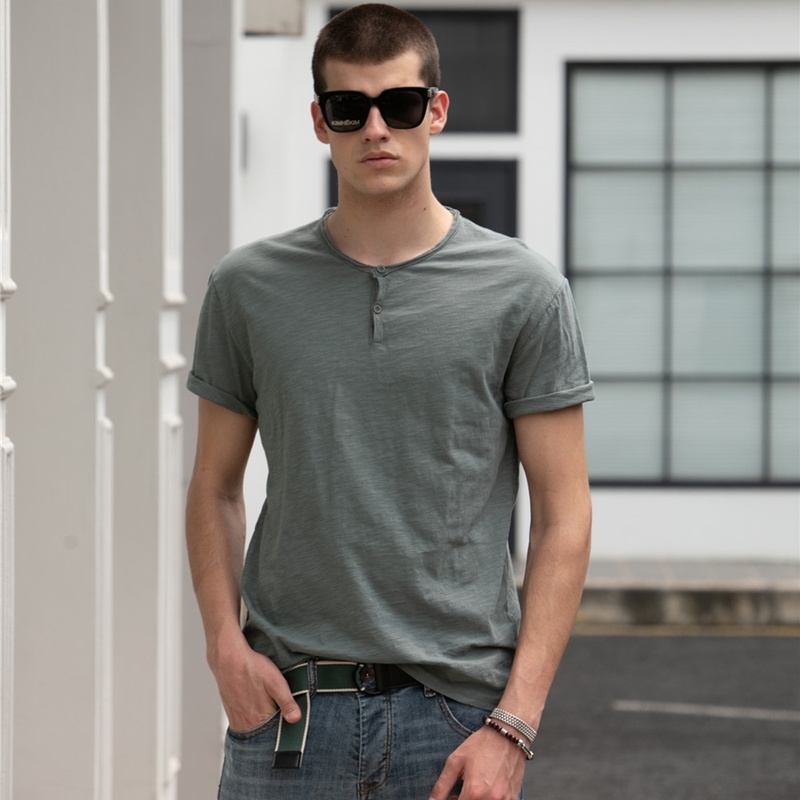 AIOPESON Solid Color Casual T-shirts Men O-neck Button Up 100% Cotton s T Shirt Summer Quality Classic Top Tees 210715