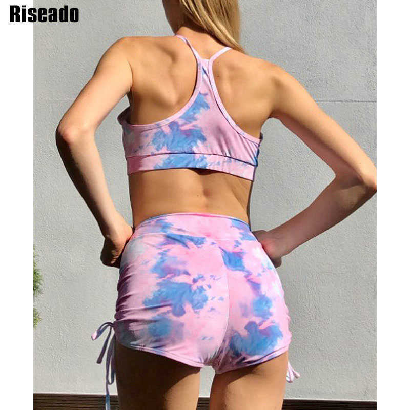 Riseado Sexy Bikini Set Tie Dye High Waisted Swimsuits Push Up Swimwear Women Ruched Drawstring Bathing Suit Boyleg Summer 210611