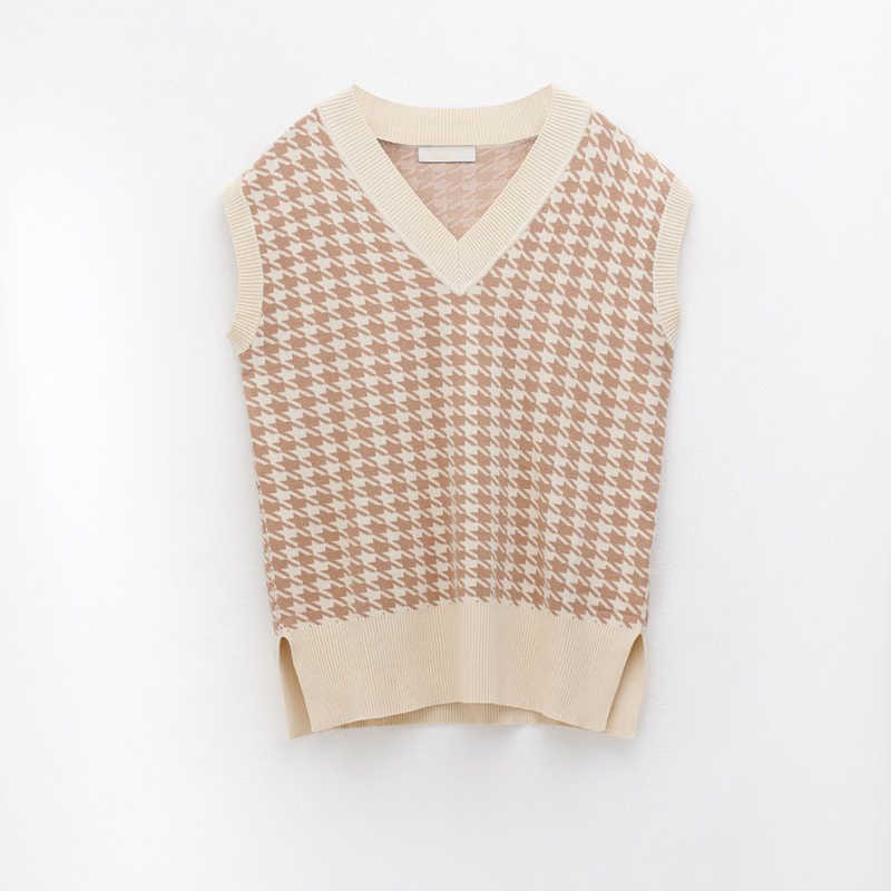 MEIYANGYOUNG V Neck Knitted Sweater Vest Women Sleeveless Oversized Pullover Houndstooth Vintage Fall Waistcoat Sweaters Female 210819