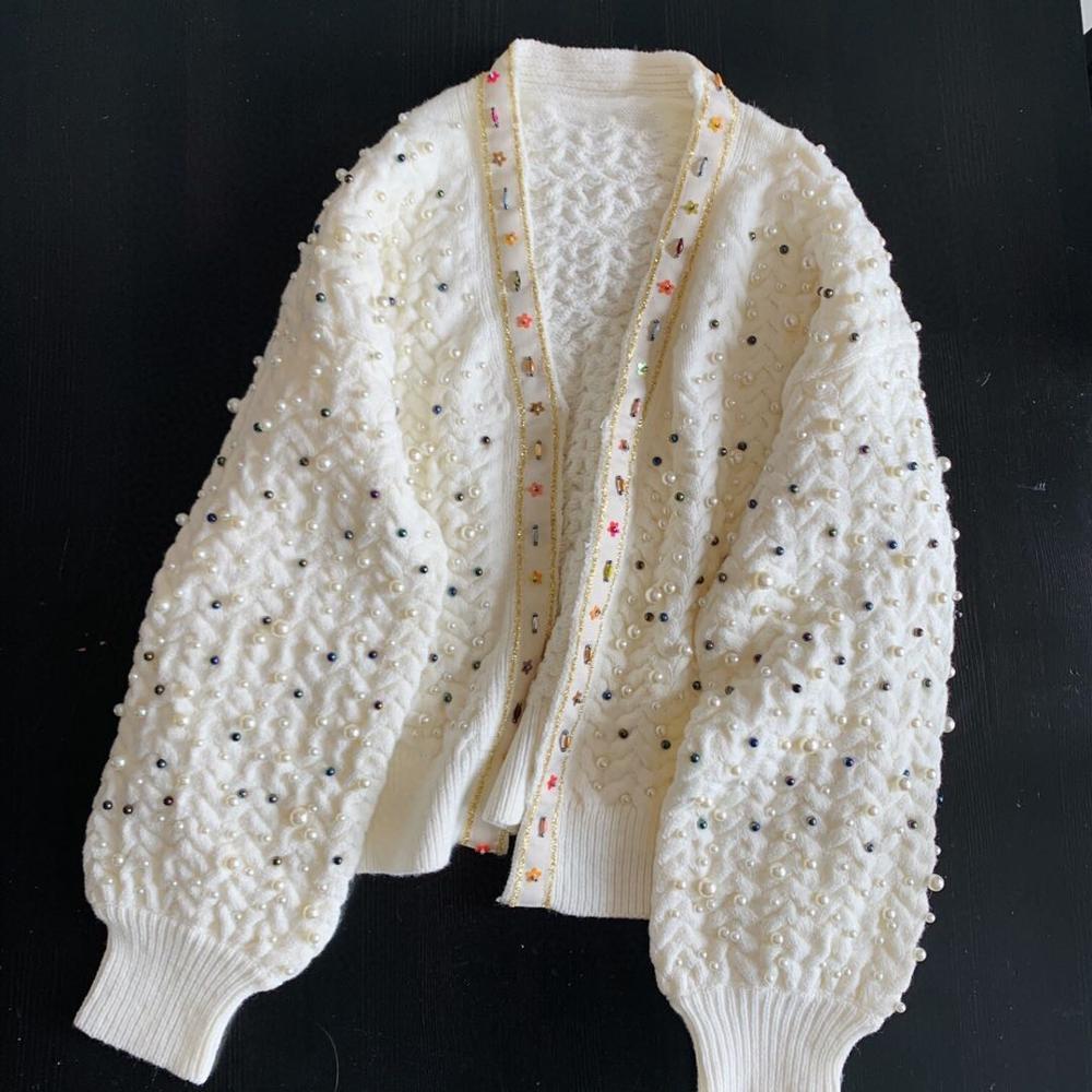Female Runway Sweater Elegant Knitted Coat Autumn Winter Clothes Loose Pearl Beading Casual Cardigans Women Tops C-036 210522