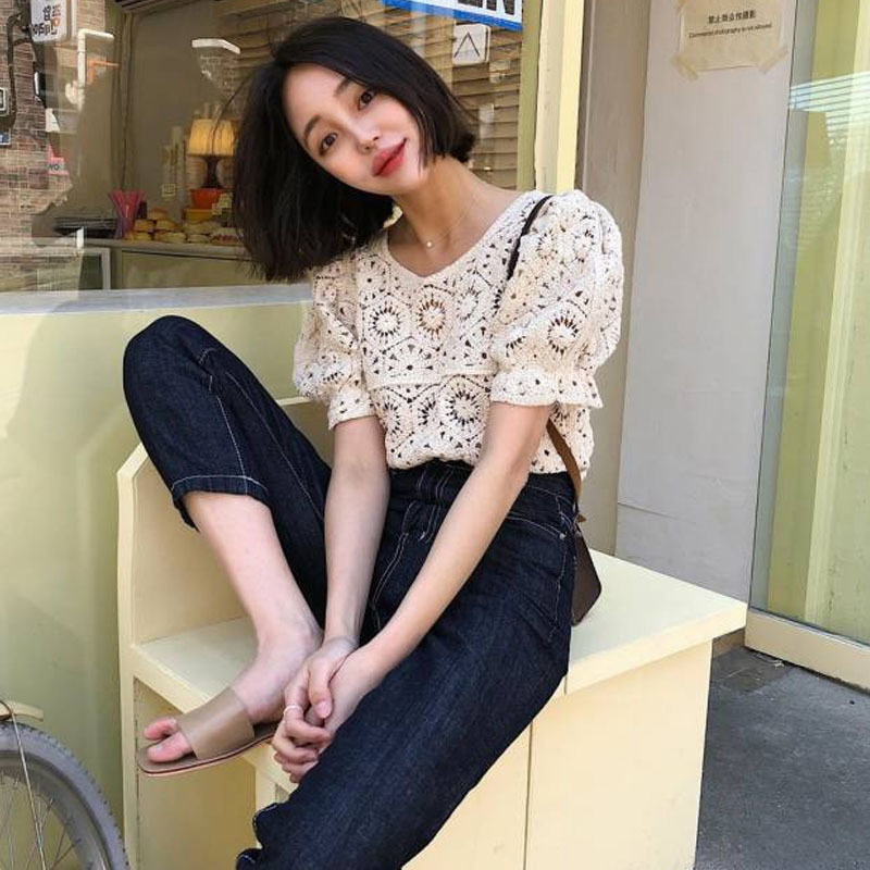 Korean Fashion Clothing Vintage Summer Tops Women Puff Sleeve Hollow Out Shirt Female Retro Perspective Lace Blouse 9591 210506