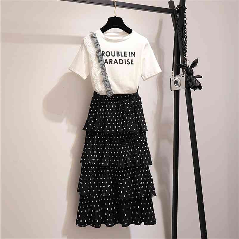 Summer Women Casual Lace Patchwork Letter Print T-shirt + layered Dot Skirt 2 pcs sets Female fashion Suits A950 210519
Summer Women Casual Lace Patchwork Letter Print T-shirt + layered Dot Skirt 2 pcs sets Female fashion Suits A950 210519