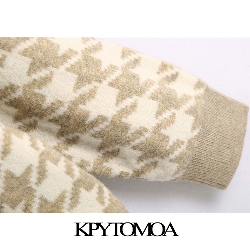 Women Fashion Oversized Houndstooth Knitted Cardigan Sweater V Neck Long Sleeve Female Outerwear Chic Tops 210420