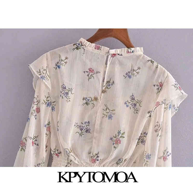 Women Fashion Floral Print Ruffled Cropped Blouses Long Sleeve Smocked Hem Female Shirts Blusas Chic Tops 210420