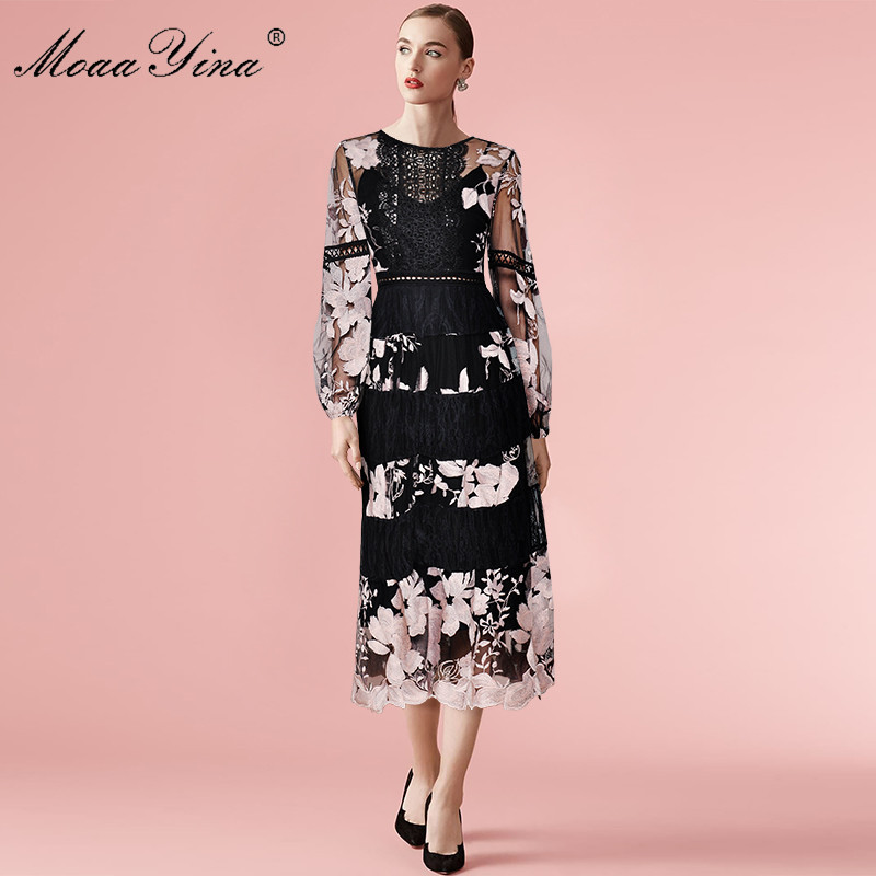 Vintage Fashion Dress Spring Women's Lantern sleeve see through Mesh Floral Embroidery Sexy party Long 210524