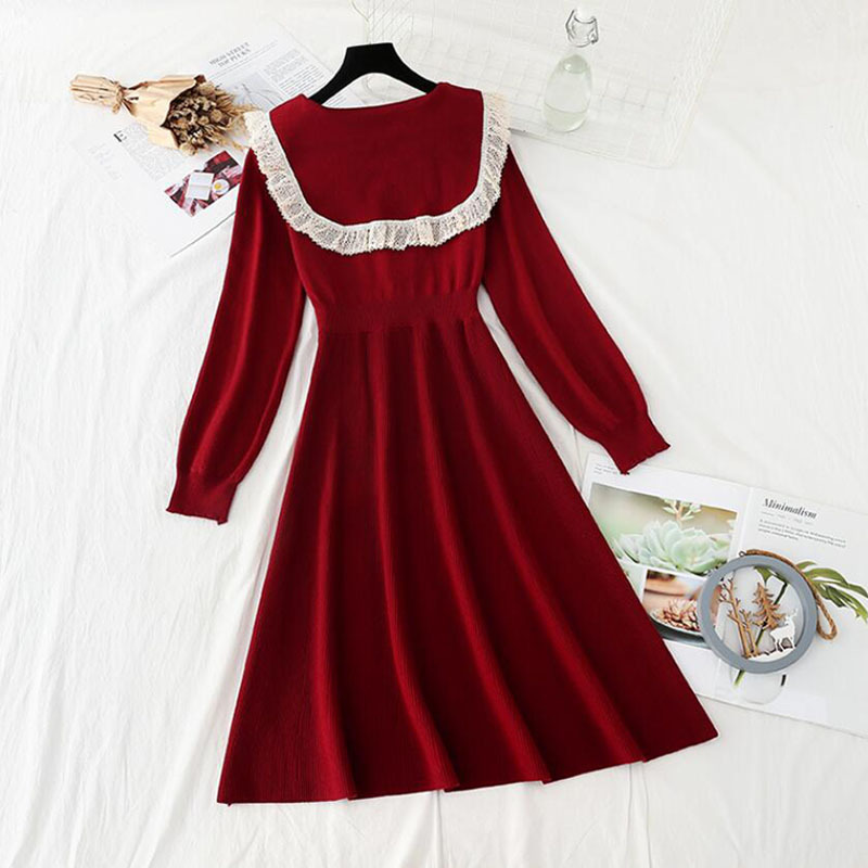 Elegant Women Red Knitted Dress Spring Autumn Doll collar Solid Long Sleeve Sweater Vestidos Office Lady Midi Dress 210521